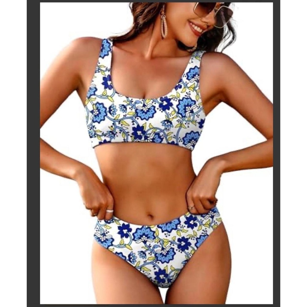 AIMAGE Bikini Set Womens M Blue White Floral High Waisted NWT Scoop